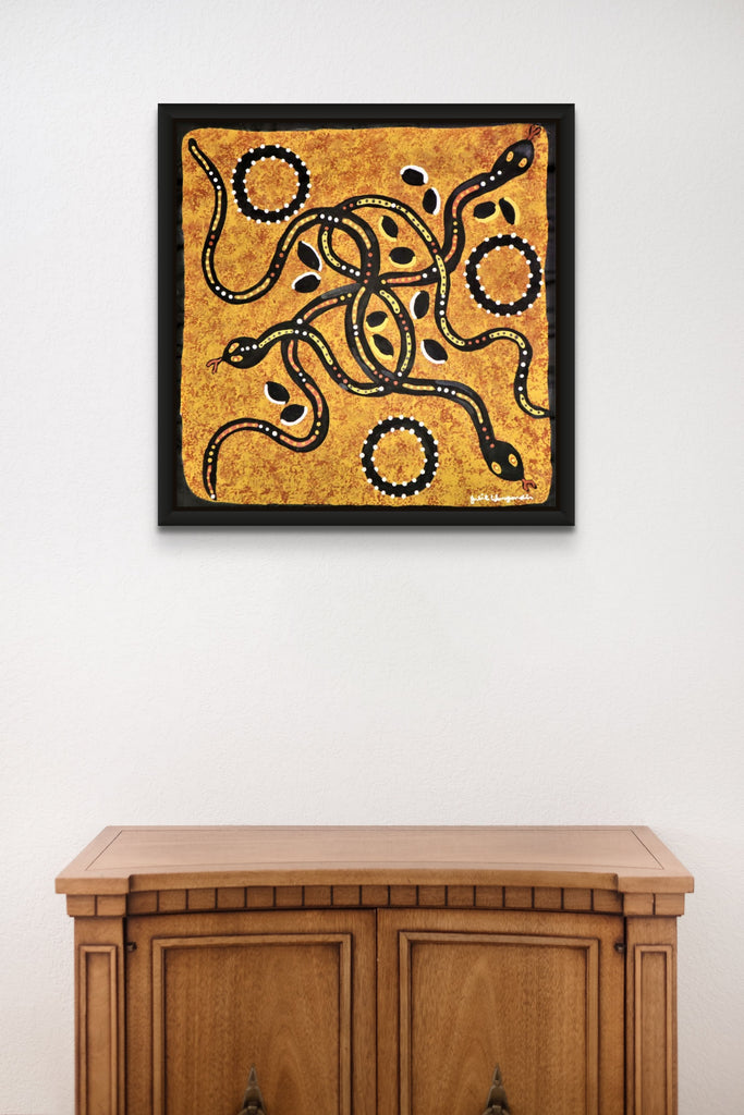 " Three Ungud (Dreamtime Snake) Fighting Over Sacred Waterholes and Eggs" by Julie Wungundin