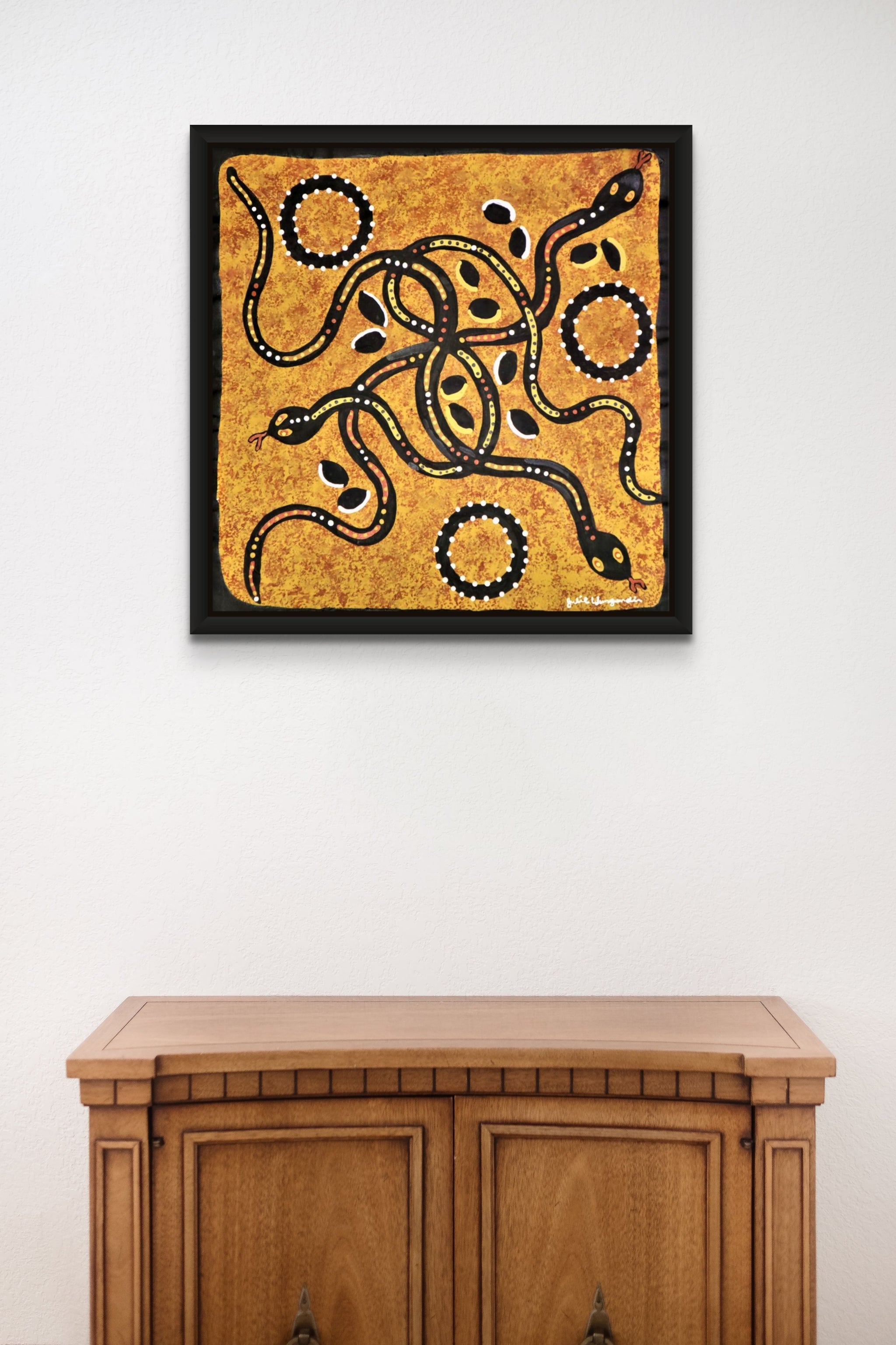 " Three Ungud (Dreamtime Snake) Fighting Over Sacred Waterholes and Eggs" by Julie Wungundin